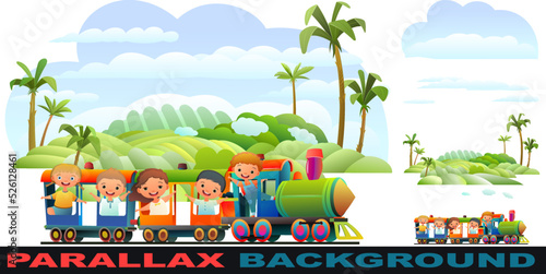 Locomotive rides on railroad. Set parallax effect. Funny kids. Multicolored wagons. Tropical landscape with palm trees. Cartoon style illustration. Cute childish. Isolated on white background. Vector