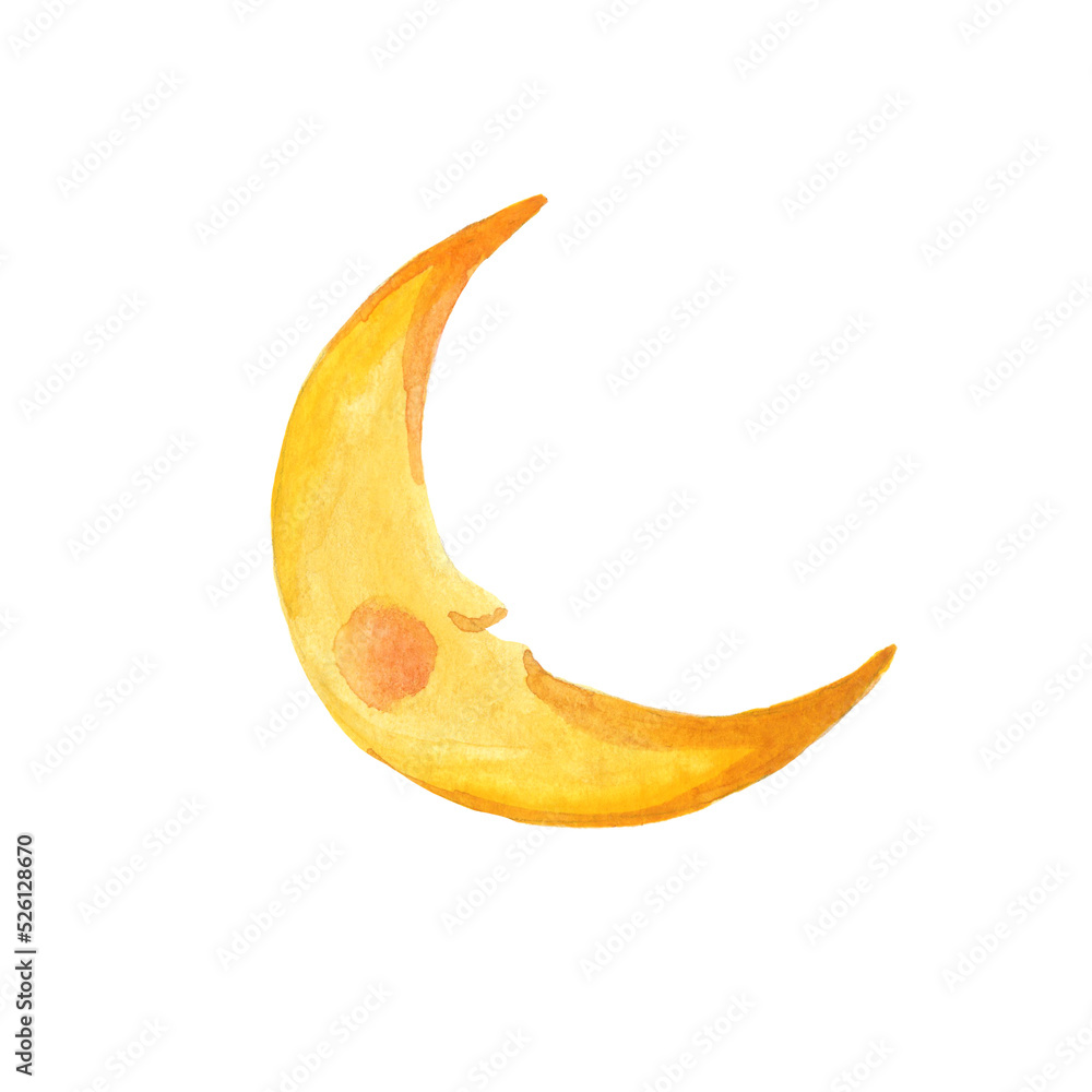 Crescent moon of painting with watercolor on paper, illustration design. Crescent moon of painting with watercolor on paper, illustration design.