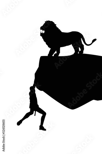 man is running away from  lion pursuing him. trying to survive. Effort and determination.