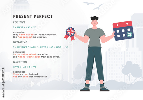 Present perfect. Rule for the study of tenses in English. The concept of teaching English. Trend character flat style. Vector.