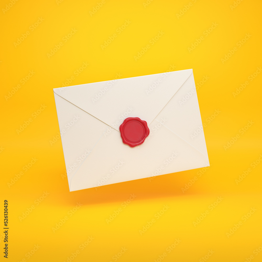 White closed envelope with red seal floating on a yellow background, 3d render White closed envelope with red seal floating on a yellow background, 3d render