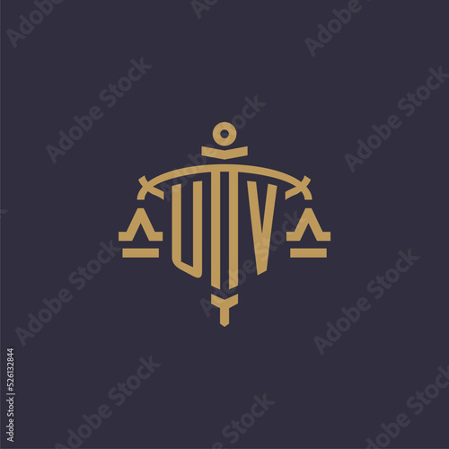 Monogram UV logo for legal firm with geometric scale and sword style