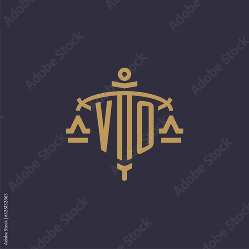 Monogram VO logo for legal firm with geometric scale and sword style
