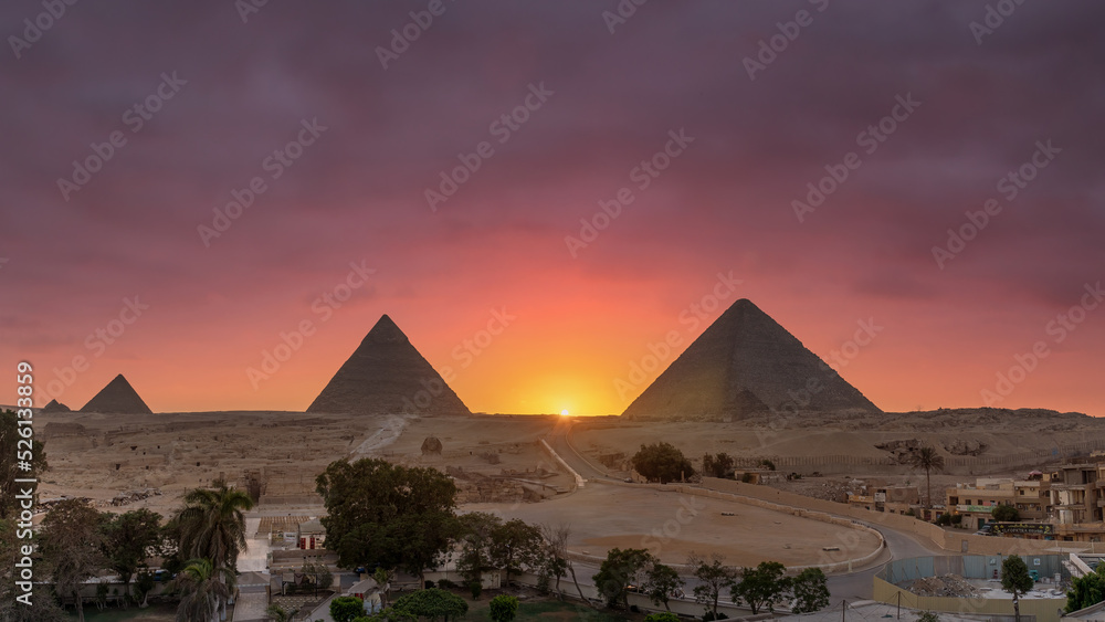 Sunset at the Pyramids of Giza, Egypt.