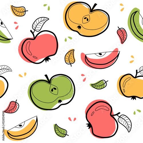 Fototapeta Naklejka Na Ścianę i Meble -  Fruity seamless pattern with green, pink and yellow apples, apple slices and leaves on a white background. Vector background for paper, cover, fabric, gift wrapping, wall art.