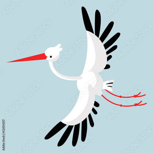 A cute stork flies in a big way on a blue background.