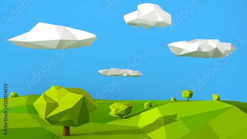 3D Illustration  Low poly grassland and a lot of trees with clouds on sunny blue sky day.