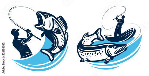 Fishing emblem or badge. Fisherman catches big fish on spinning rod. Angling logo isolated. Vector illustration