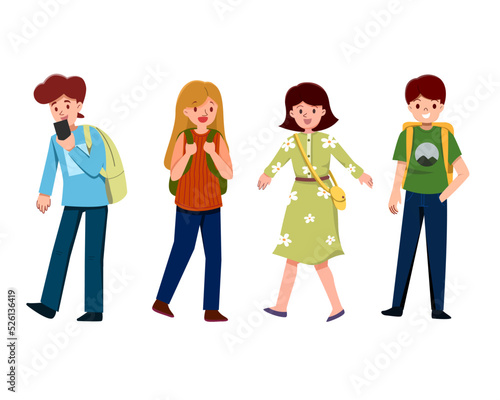 Set of young student. Tourists collection. Holiday trip with friend. Vector illustration