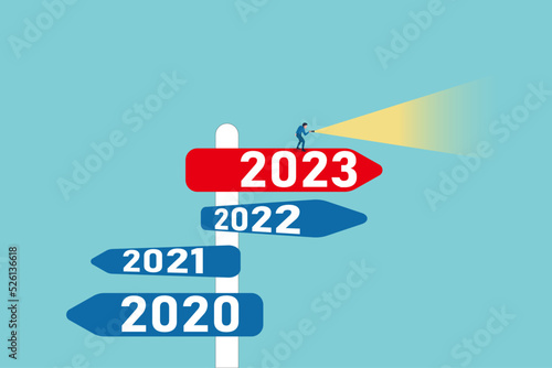 businessman with lighter for future. Year 2023 economic outlook, forecast or visionary to see future ahead, challenge and business opportunity concept.