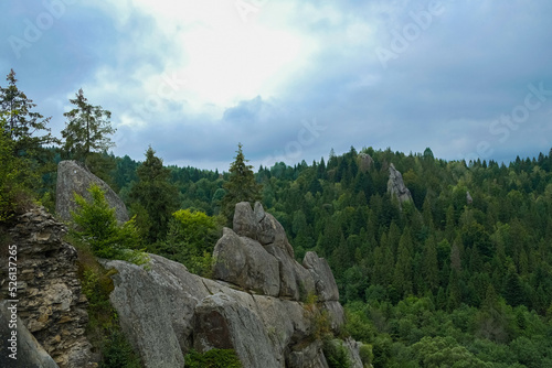 Rocks on the site of the old Carpathian fortress Tustan - archaeological and natural monument of Ukraine.
