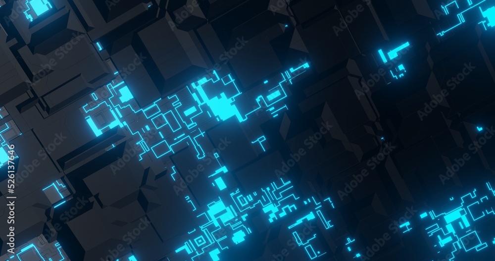 abstract background using geometric texture patterns and bright blue lines identical to tech sci-fi theme, orthographic camera, 3d rendering and 4K size abstract background using geometric texture patterns and bright blue lines identical to tech sci-fi theme, orthographic camera, 3d rendering and 4K size