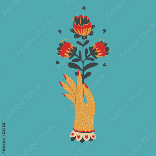 Magic hand with burning heart and flowers