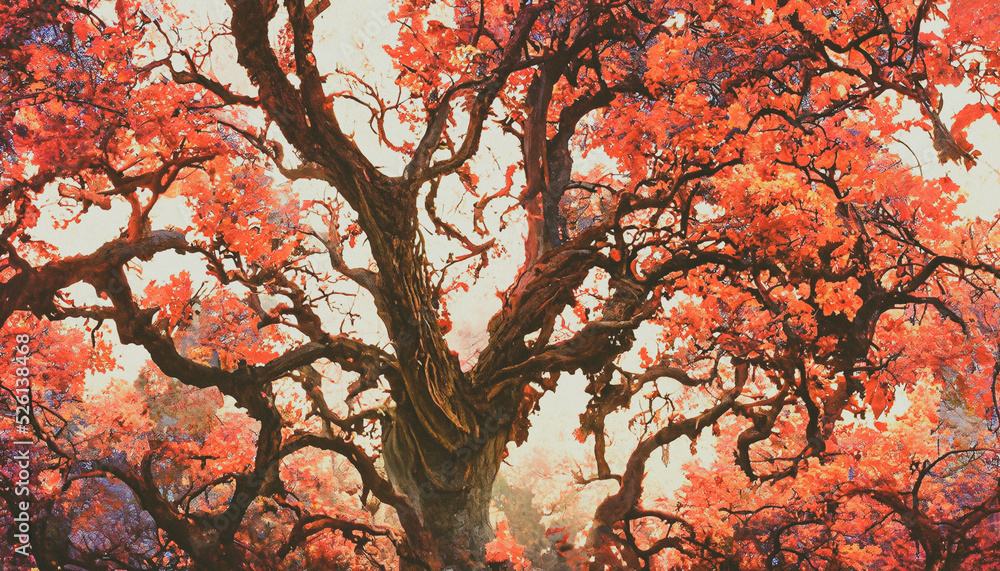 3D render extraordinarily massive oak tree with leaves the color of crimson. 3D render extraordinarily massive oak tree with leaves the color of crimson.