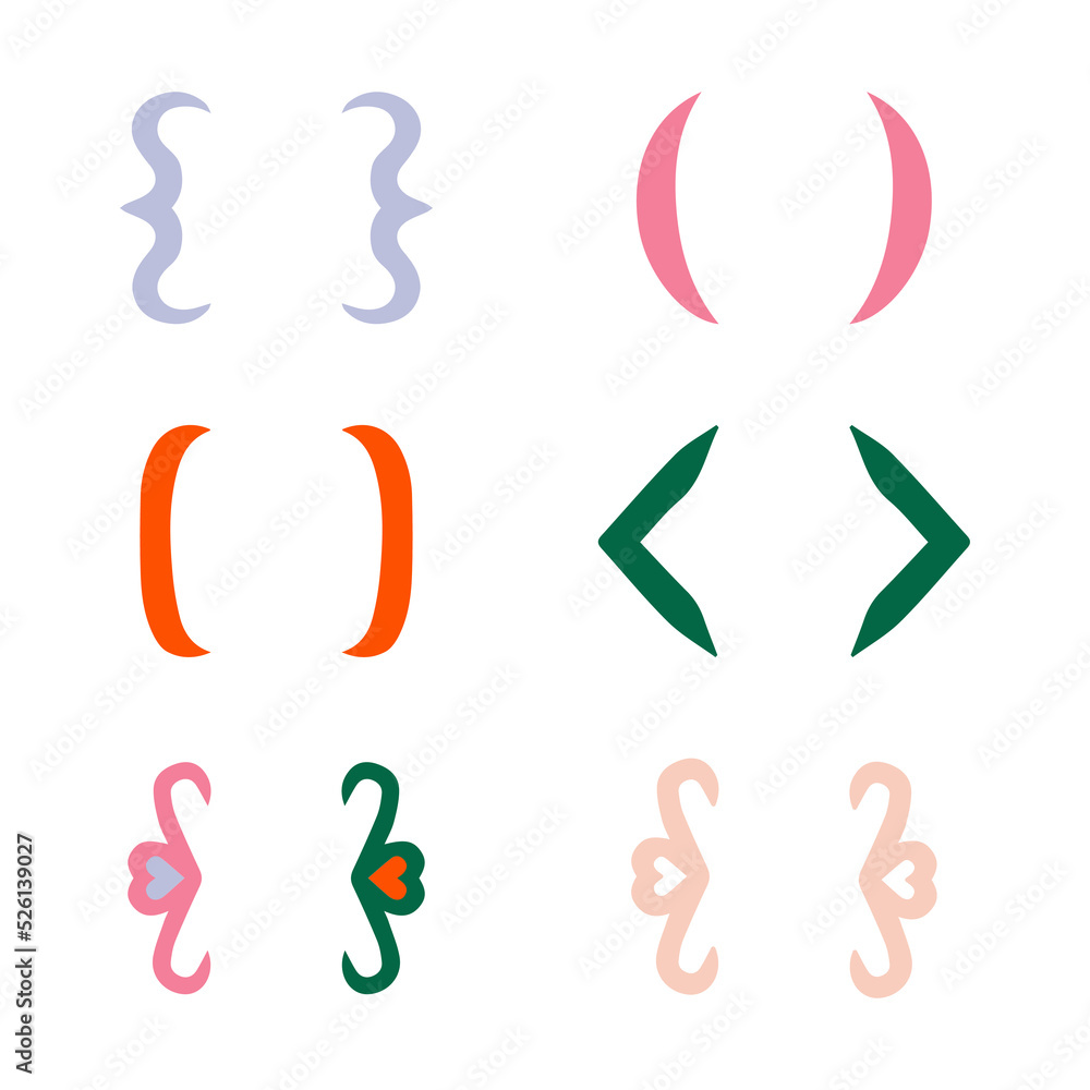 Colorful curly braces isolated on white background. Round, triangular and square brackets. Modern bold lines for typing and typography Vector illustration in flat style Colorful curly braces isolated on white background. Round, triangular and square brackets. Modern bold lines for typing and typography Vector illustration in flat style