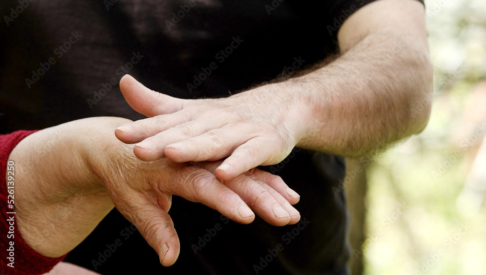 Fototapeta premium Close-up of tender gesture between two generations. Young man holding hands with a senior lady. Blurred background.