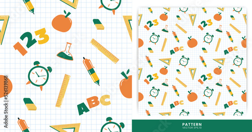 Seamless Rocket Patterns for Educational Theme Background. Equipment such as Rulers, Books, Pencils, etc. Illustrations for Wrapping Paper and Scrapbooking, T-shirt Kids, etc. 