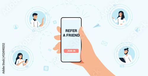 Refer a friend concept Business partnership strategy Phone with friends contacts Social media marketing Influence blogger promotion services and goods for his followers online Vector illustration