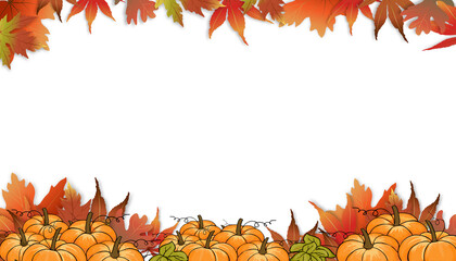Autumn background with pumpkin and maples leaves border, Fall  template design with multicolour of leafs for Harvest festival background, Vector leaves frames with copy space for Thanksgiving festival