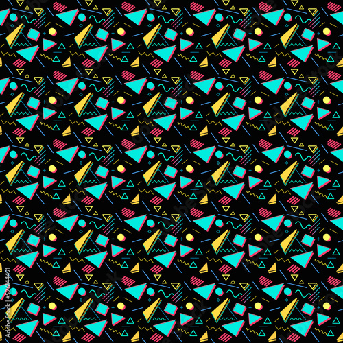 A repeating funky pattern of bright shapes and doodles in cyan, yellow and red with a black background