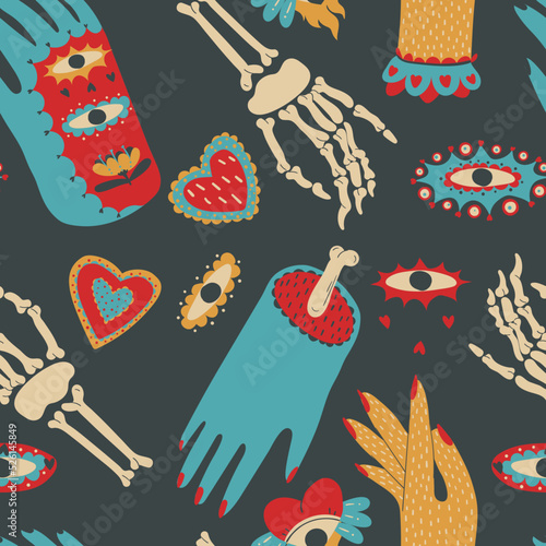 Mexican patterns with flowers, sugar skulls, burning hearts for the day of the dead