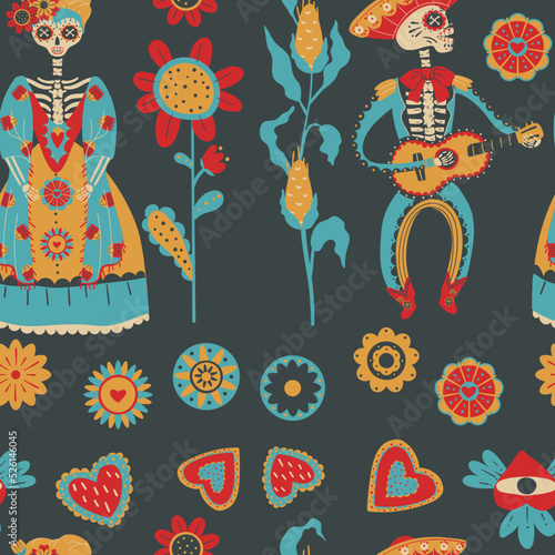 Mexican patterns with flowers, sugar skulls, burning hearts for the day of the dead