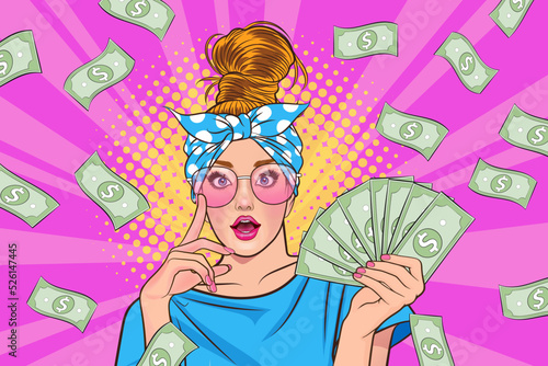 surprise business woman successful and shocking with Falling Money say WOW OMG Pop art retro comic style