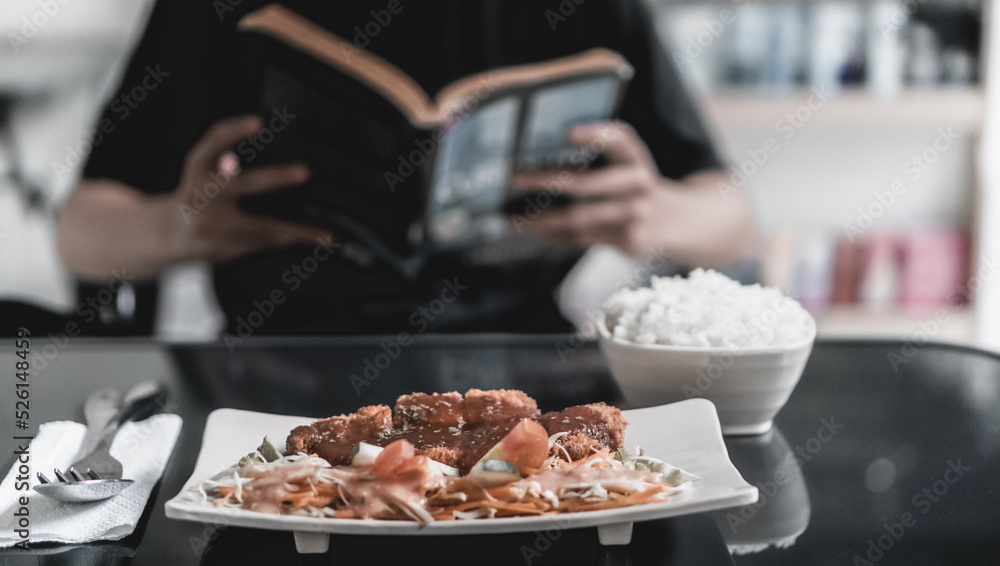 meat and vegetables with rice on the table