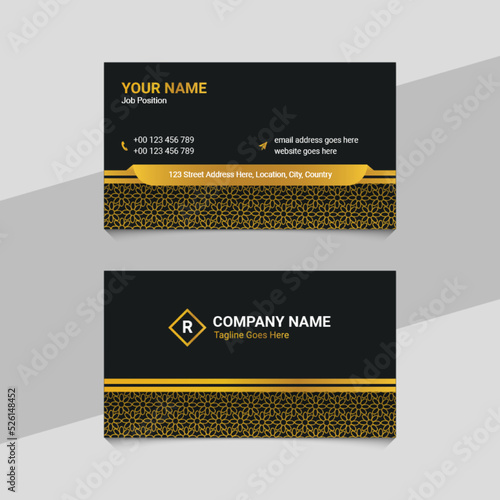 Golden Black Business Card Template Design with Unique Layout