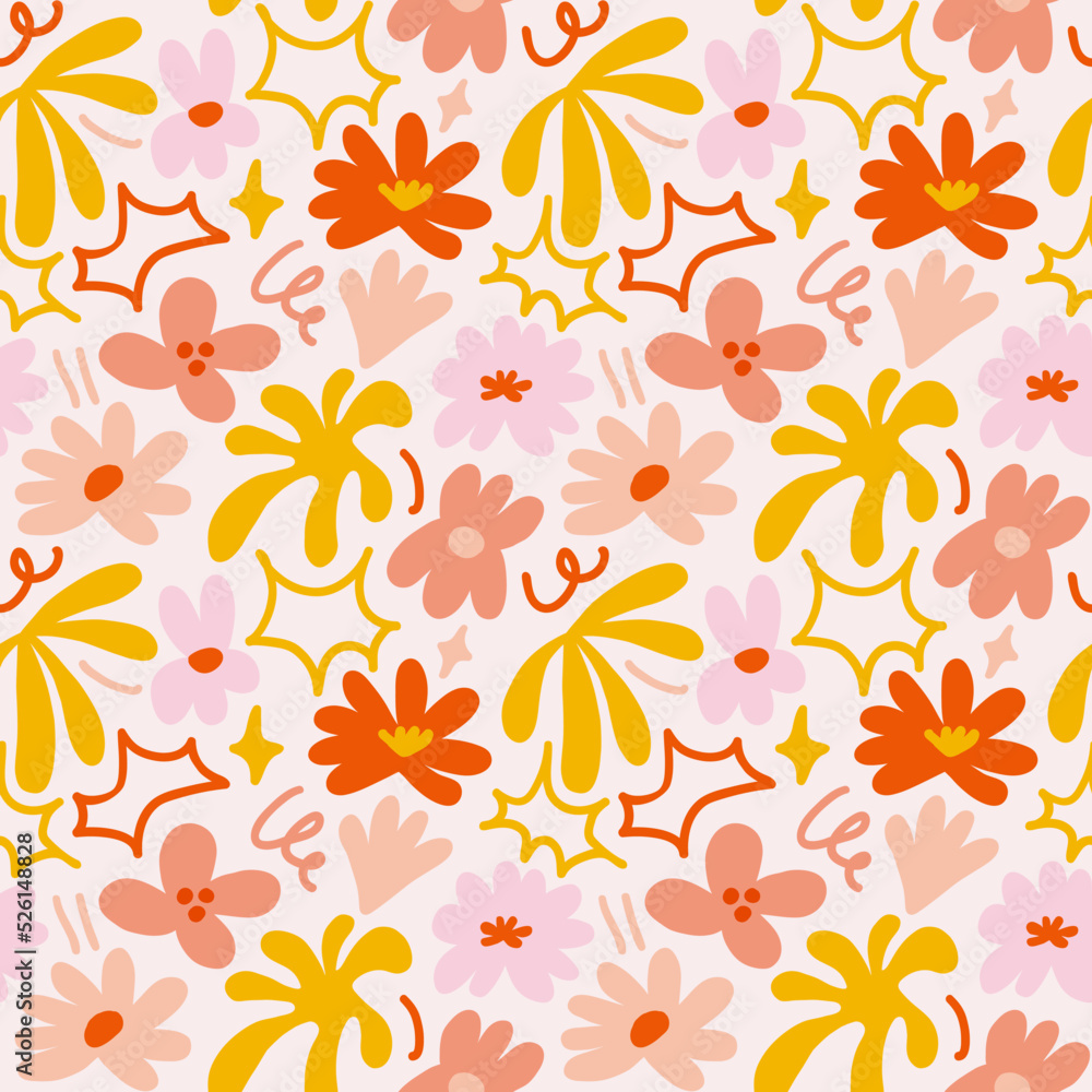 Abstract seamless pattern with cute hand drawn meadow flowers. Stylish natural background. Hand drawn design elements.
