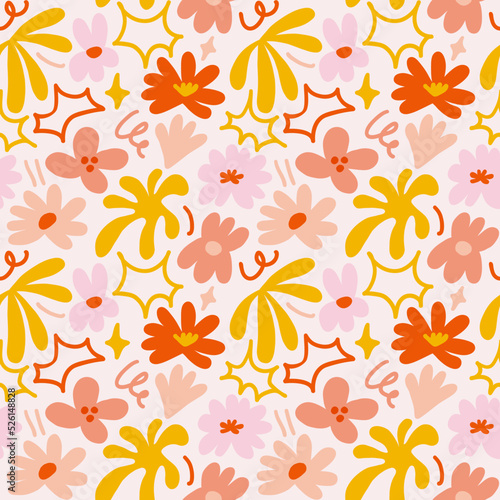 Abstract seamless pattern with cute hand drawn meadow flowers. Stylish natural background. Hand drawn design elements.