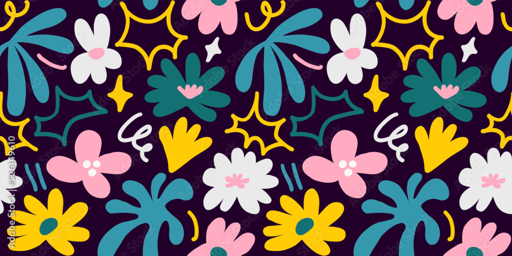 Abstract seamless pattern with cute hand drawn meadow flowers. Stylish natural background. Hand drawn design elements. Abstract seamless pattern with cute hand drawn meadow flowers. Stylish natural background. Hand drawn design elements.