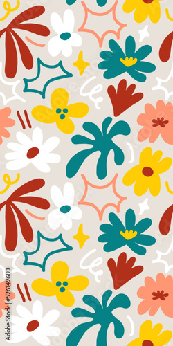 Abstract seamless pattern with cute hand drawn meadow flowers. Stylish natural background. Hand drawn design elements.