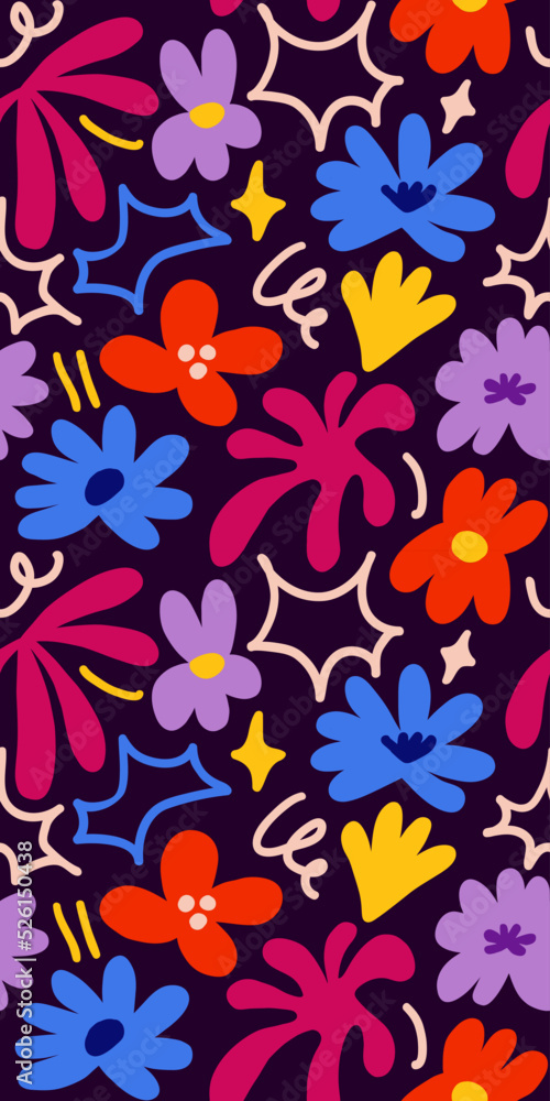 Abstract seamless pattern with cute hand drawn meadow flowers. Stylish natural background. Hand drawn design elements.