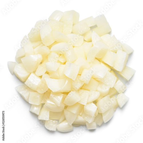 top view of diced fresh garlic isolated on white background