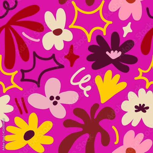 Abstract seamless pattern with cute hand drawn meadow flowers. Stylish natural background. Hand drawn design elements.