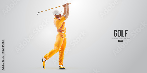 Realistic silhouette of a golf player on white background. Golfer man hits the ball. Vector illustration