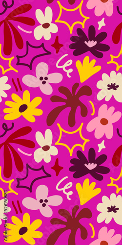 Abstract seamless pattern with cute hand drawn meadow flowers. Stylish natural background. Hand drawn design elements.