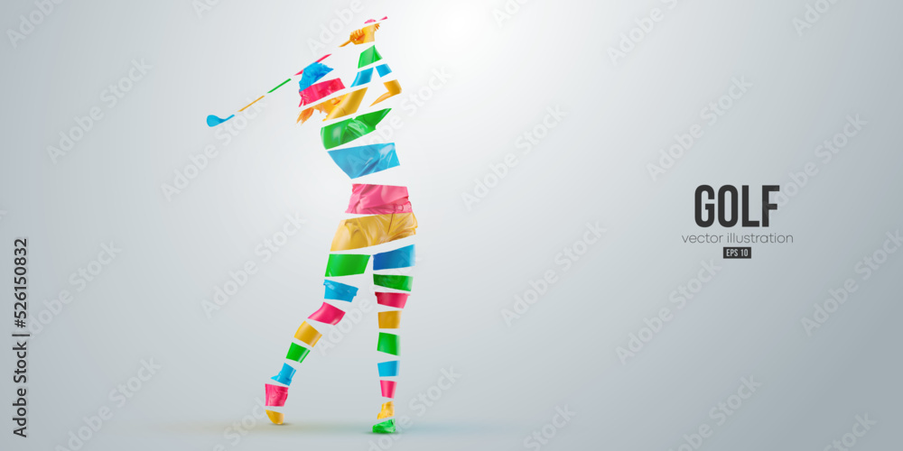 Obraz premium Abstract silhouette of a golf player on white background. Golfer woman hits the ball. Vector illustration