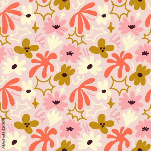 Abstract seamless pattern with cute hand drawn meadow flowers. Stylish natural background. Hand drawn design elements.