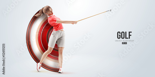 Realistic silhouette of a golf player on white background. Golfer woman hits the ball. Vector illustration