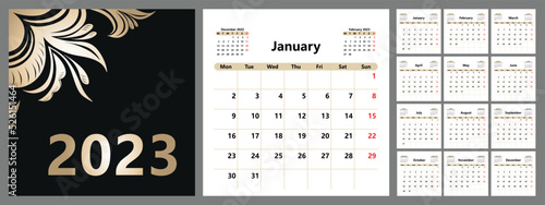 Planner calendar for 2023 with a beautiful cover, basic template. The week starts on Monday. Vector illustration