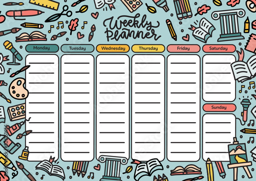 School timetable, weekly classes schedule on background. decorated with education and art supplies, Planner with student study items, basketball ball, books and pens. Vector color illustration.
