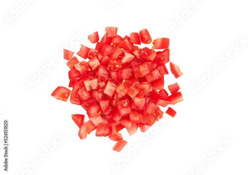Fototapeta Sliced fresh raw red tomato, cubes, heap, isolated on white background, top view
