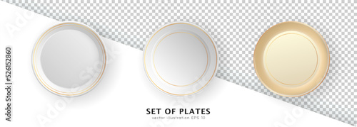 Top view of three round white and golden empty plates isolated on white and transparent background. Realistic 3d mockup, layout, template of porcelain, ceramic clean table dish with golden frame