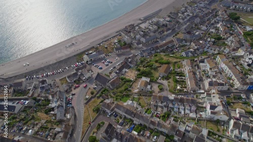 Aerial shot of Chesil Beach and nearby town, Portland, UK photo