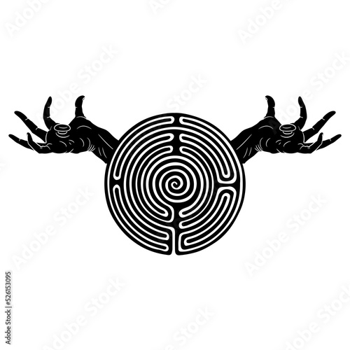 Round spiral maze or labyrinth symbol with twisted nailed hands of crucified Christ. Creative religious concept. Suffering of humankind. Black and white silhouette.