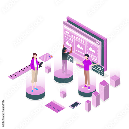 People work in a team and achieve the goal. Startup concept. Launch a new product on a market. Isometric vector illustration.