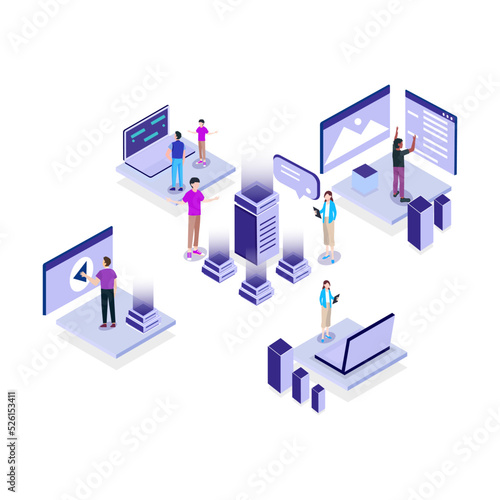 People work in a team and achieve the goal. Startup concept. Launch a new product on a market. Isometric vector illustration.