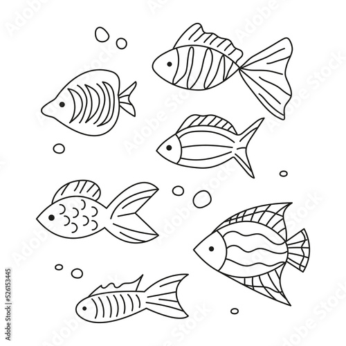 Vector black and white hand-drawn contour children`s set with different fish in the Scandinavian style on a white background. Children's coloring book with fish. Sea inhabitants.